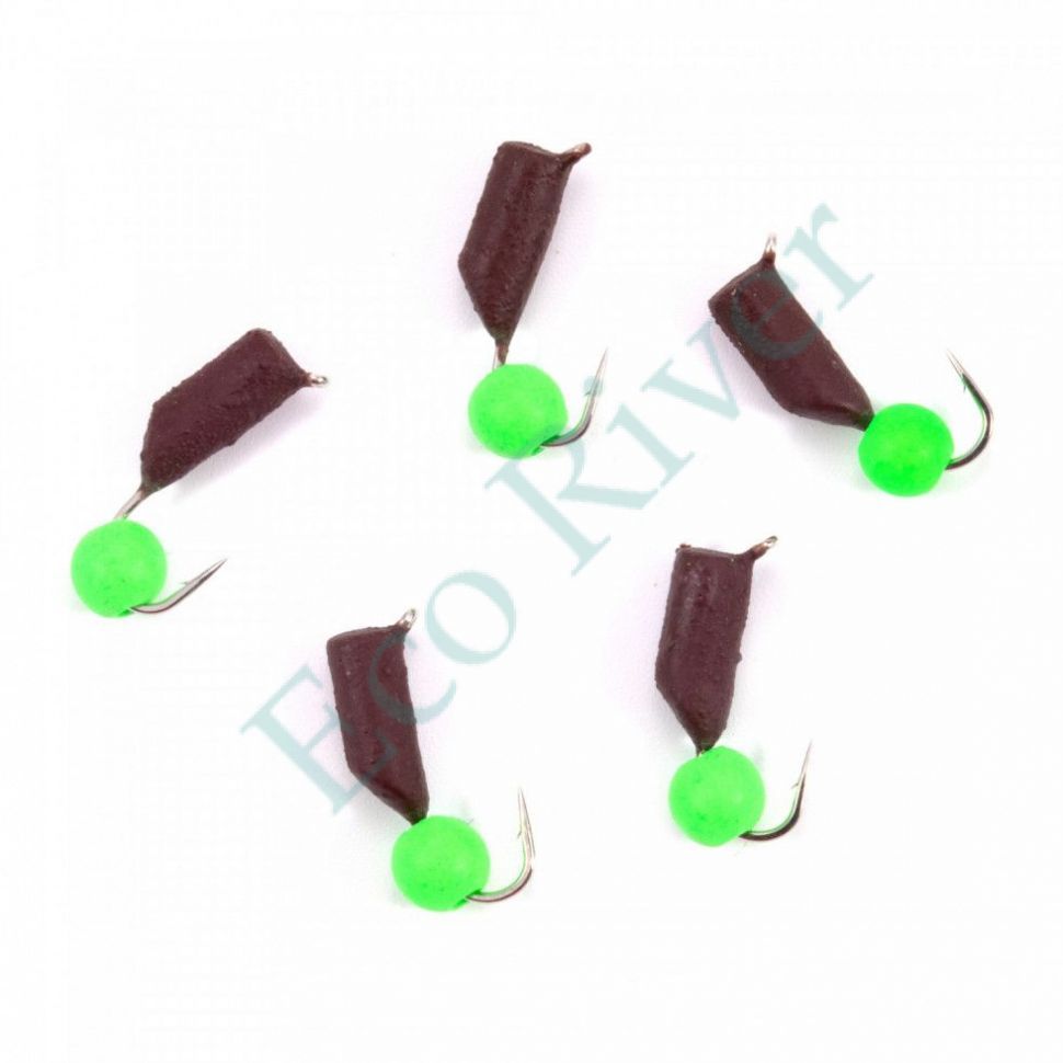 Мормышка безнасад. Яман Гвоздешарик матовый шоколад, d-3 мм, вес 0,85 г, шарик зелен.неон(уп.5 шт)